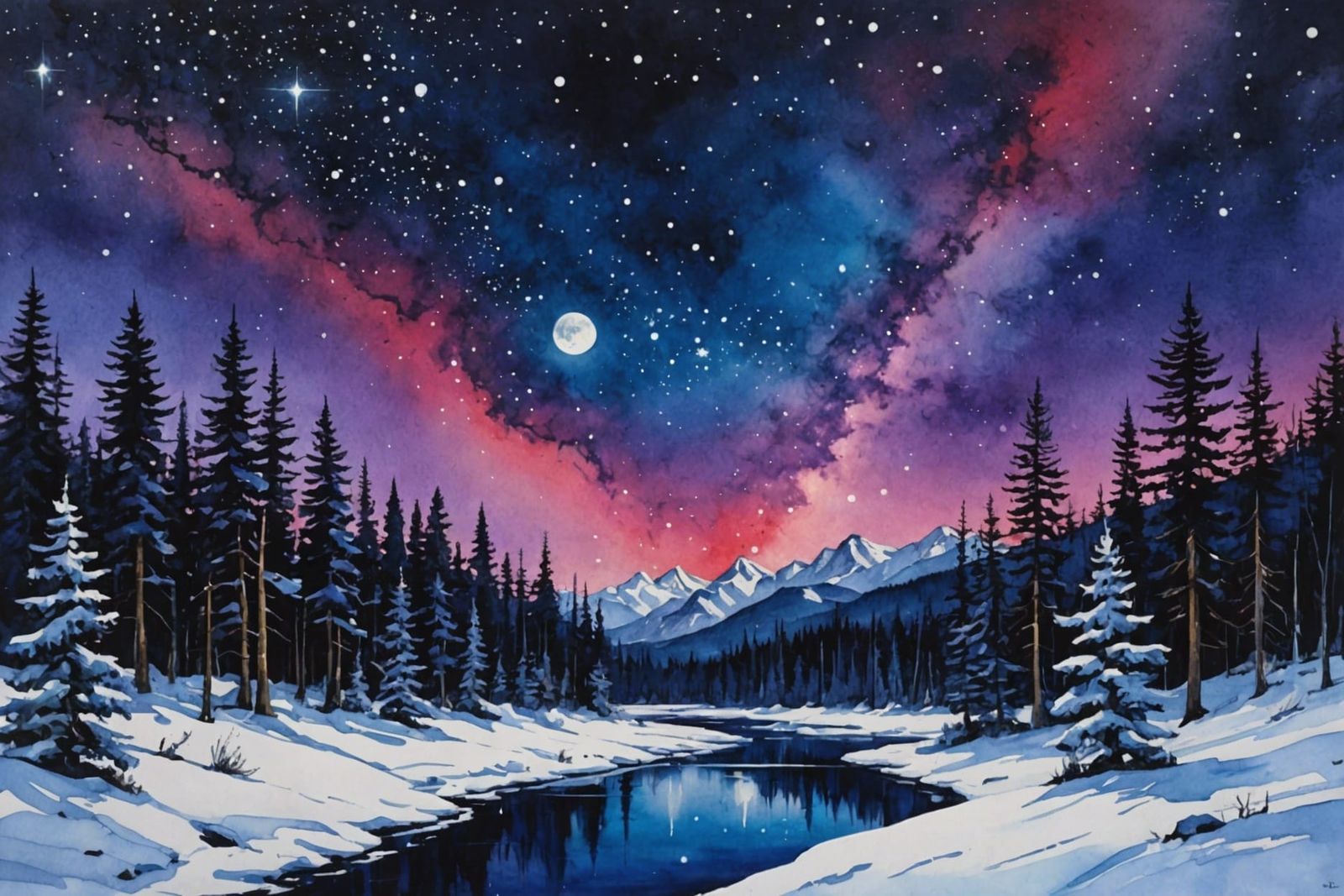 Winter Landscape Painting with Stars in Abstract Art