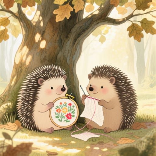 Charming Hedgehogs Cross-Stitching Under Oak Tree