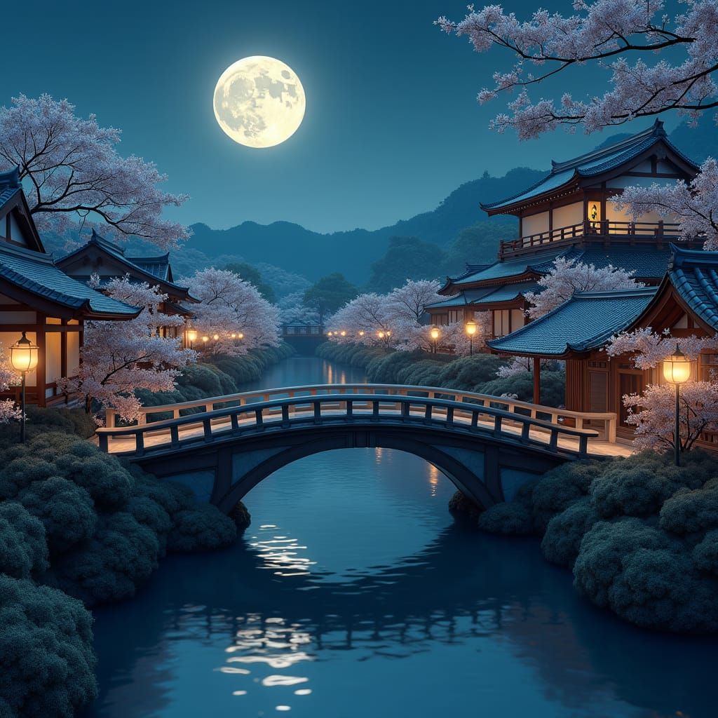 Moonlit Bridge and Edo Compound: An 8K Matte Painting