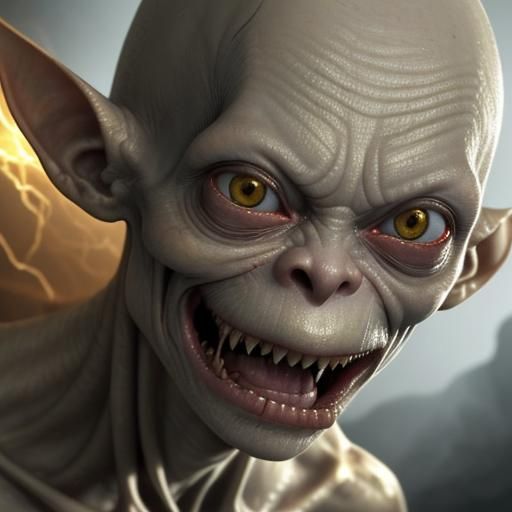 A photorealistic close-up of Gollum's face, illuminated by a faint golden light emanating from the One Ring clutched in ...