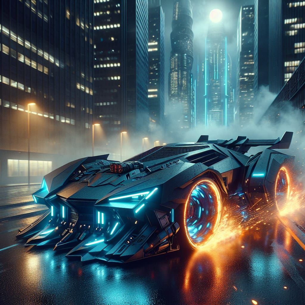 Futuristic Armored Car Speeds Through Neon Cityscape