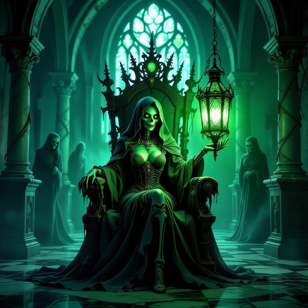 Ghoul Queen on Bone Throne with Eerie Lantern