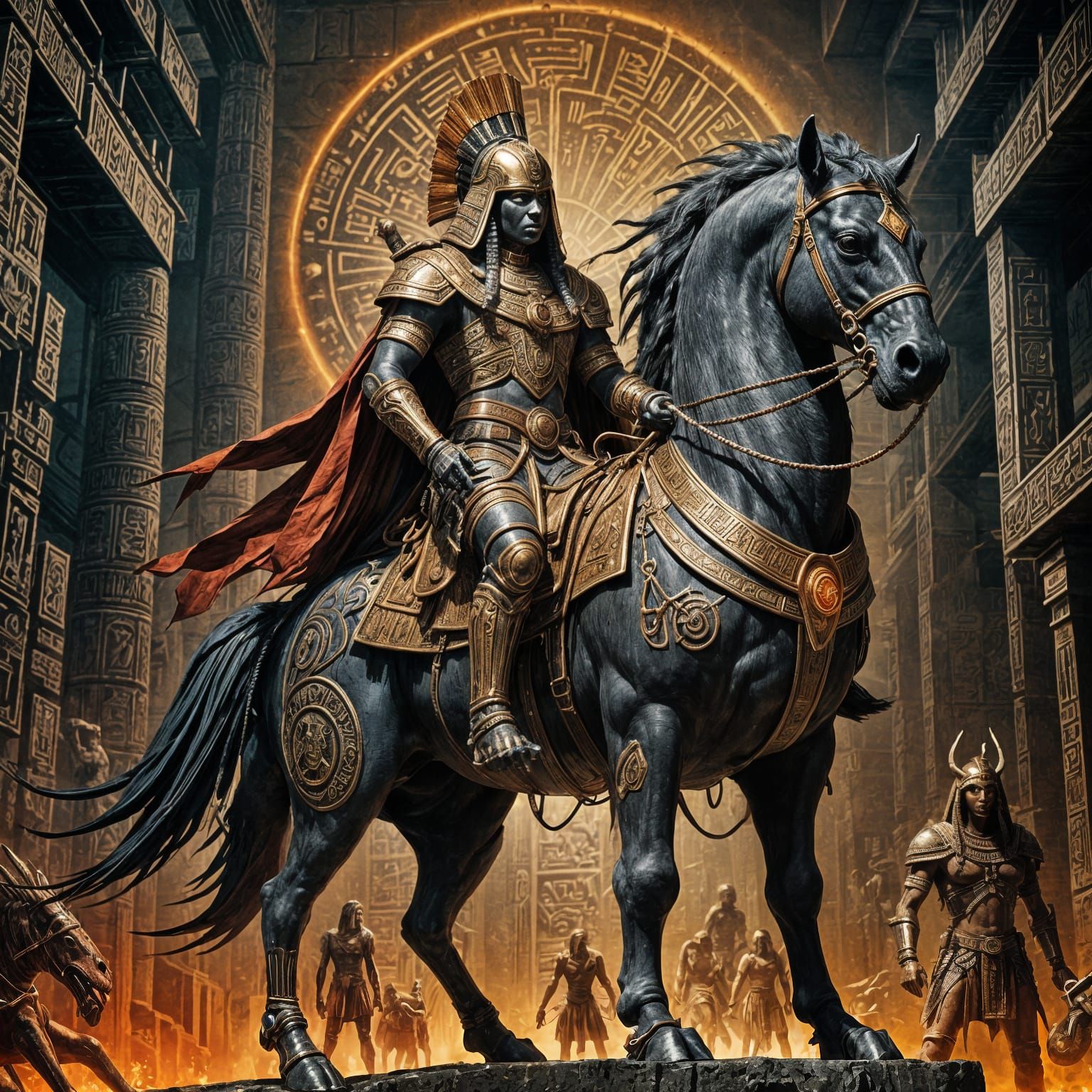 Pharaoh on Armored Horse in Dark Fantasy Industrial Art