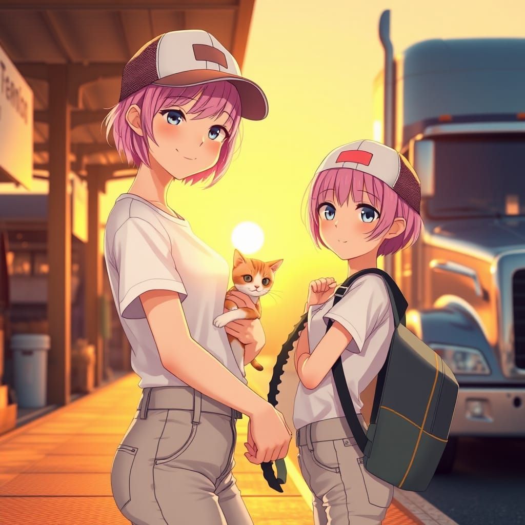 Pastel Anime Girl with Cat at Sunrise
