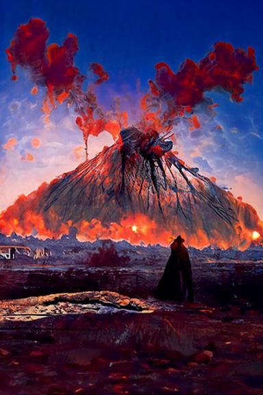 Erupting Volcano in Romantic and Surreal Style