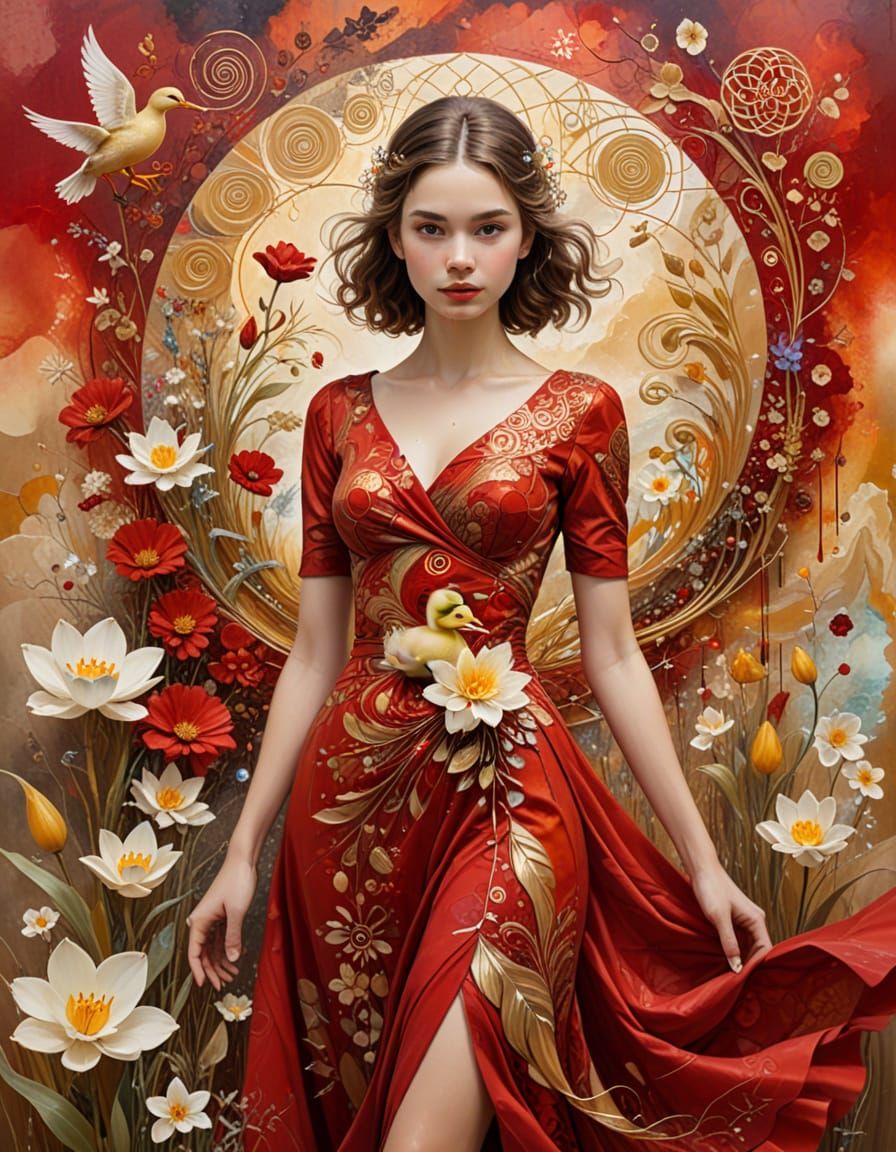 Girl in Red Dress with Duckling, Surreal Mixed Media