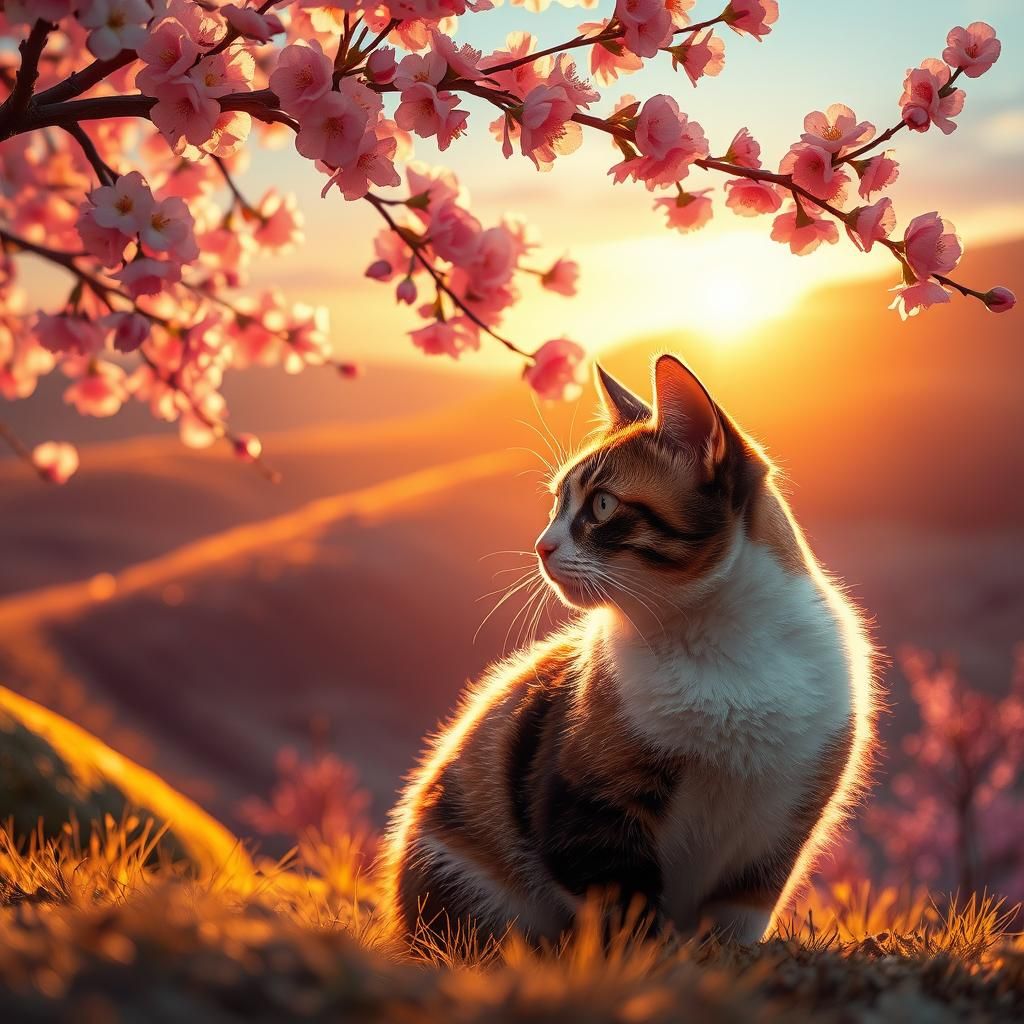Calico Cat Under Sakura Tree at Sunset, Hyperrealistic Conce...