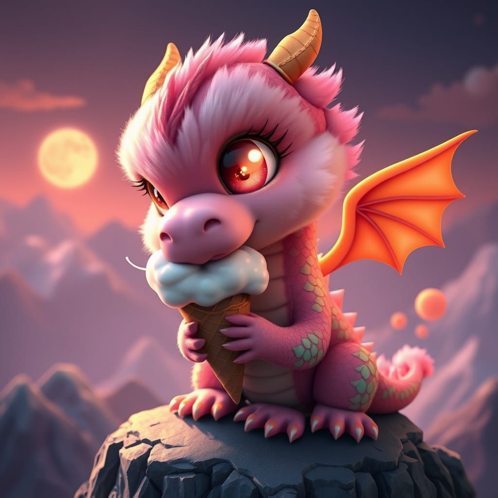 Pastel Dragon Licking Ice Cream, Super-Deformed Style