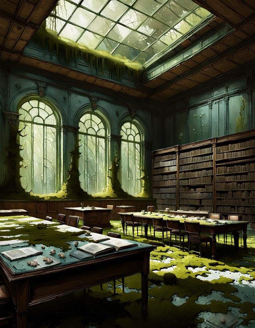 Abandoned Library Interior with Overgrown Nature