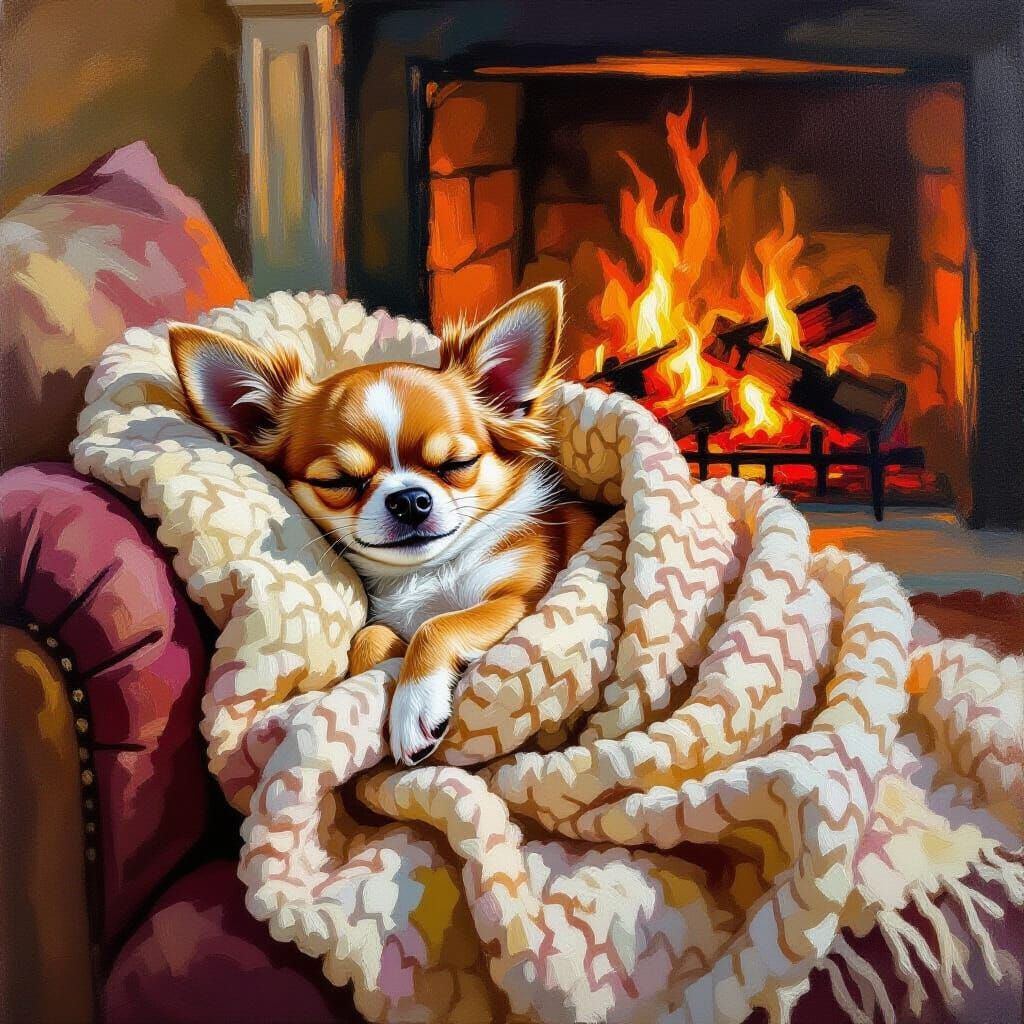 Chihuahua Cozy by Fireplace in Impressionist Oil Painting