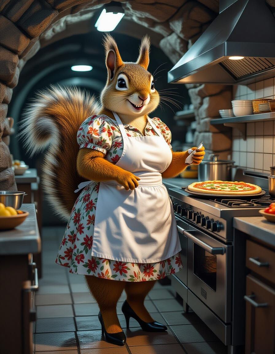 Squirrel Baker in Apron Making Pizza