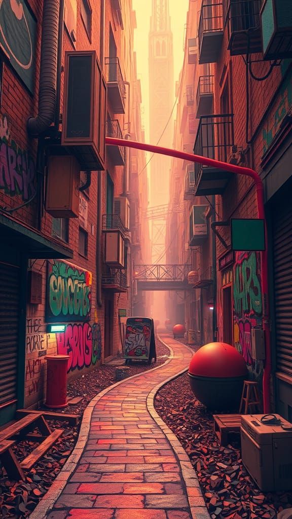 Dreamlike Cityscape with Abstract Path in Sepia Tones