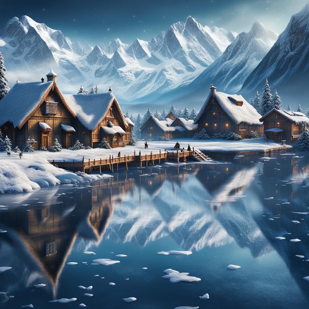 Iced Lake Village Facing Snowy Mountains