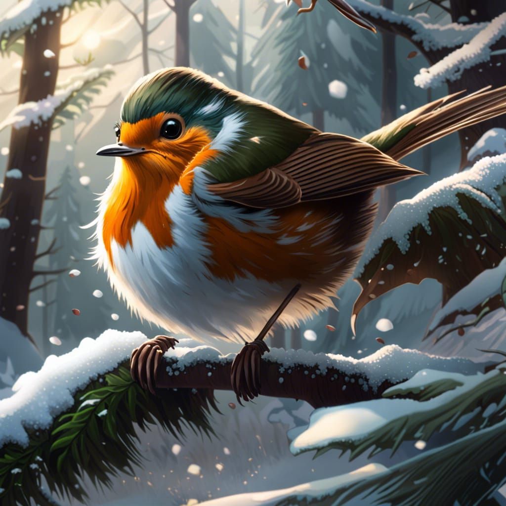 Happy Robin Flying Through Winter Forest