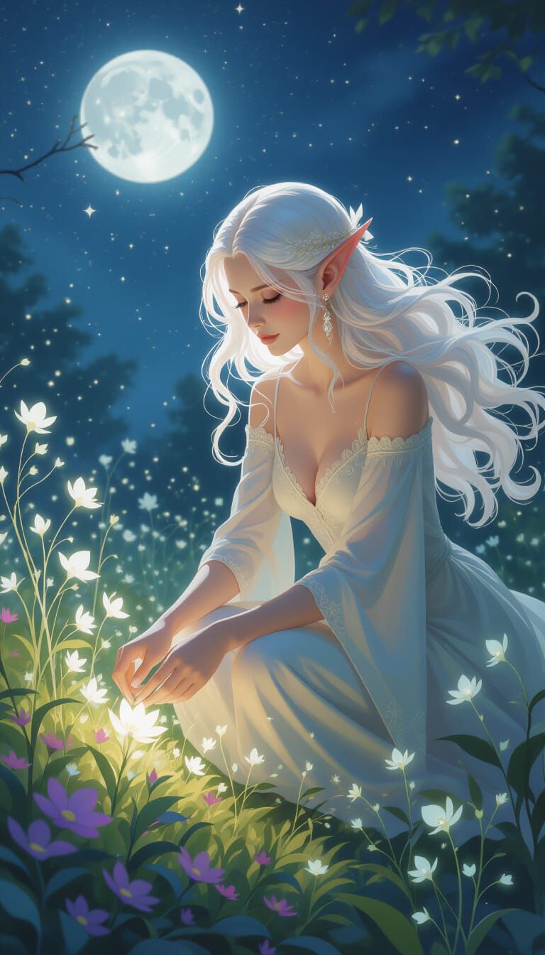 Elven Woman in Bioluminescent Moonlit Garden