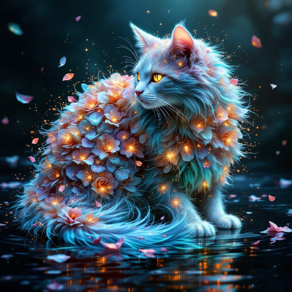 Ethereal Feline Goddess in Whimsical Floral Landscape