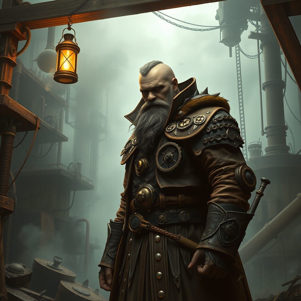 Steampunk Warrior in a Decaying Industrial Wasteland