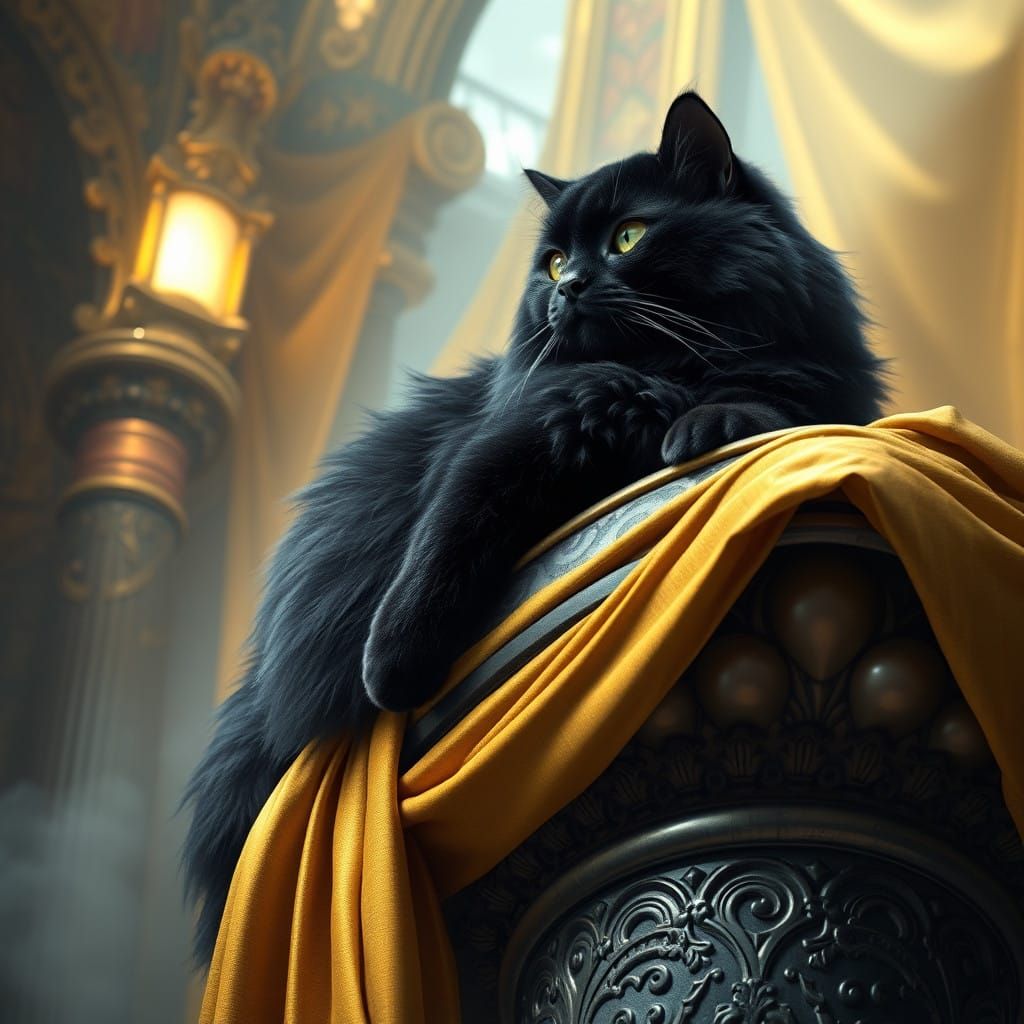 Majestic Black Norwegian Forest Cat on Golden Column