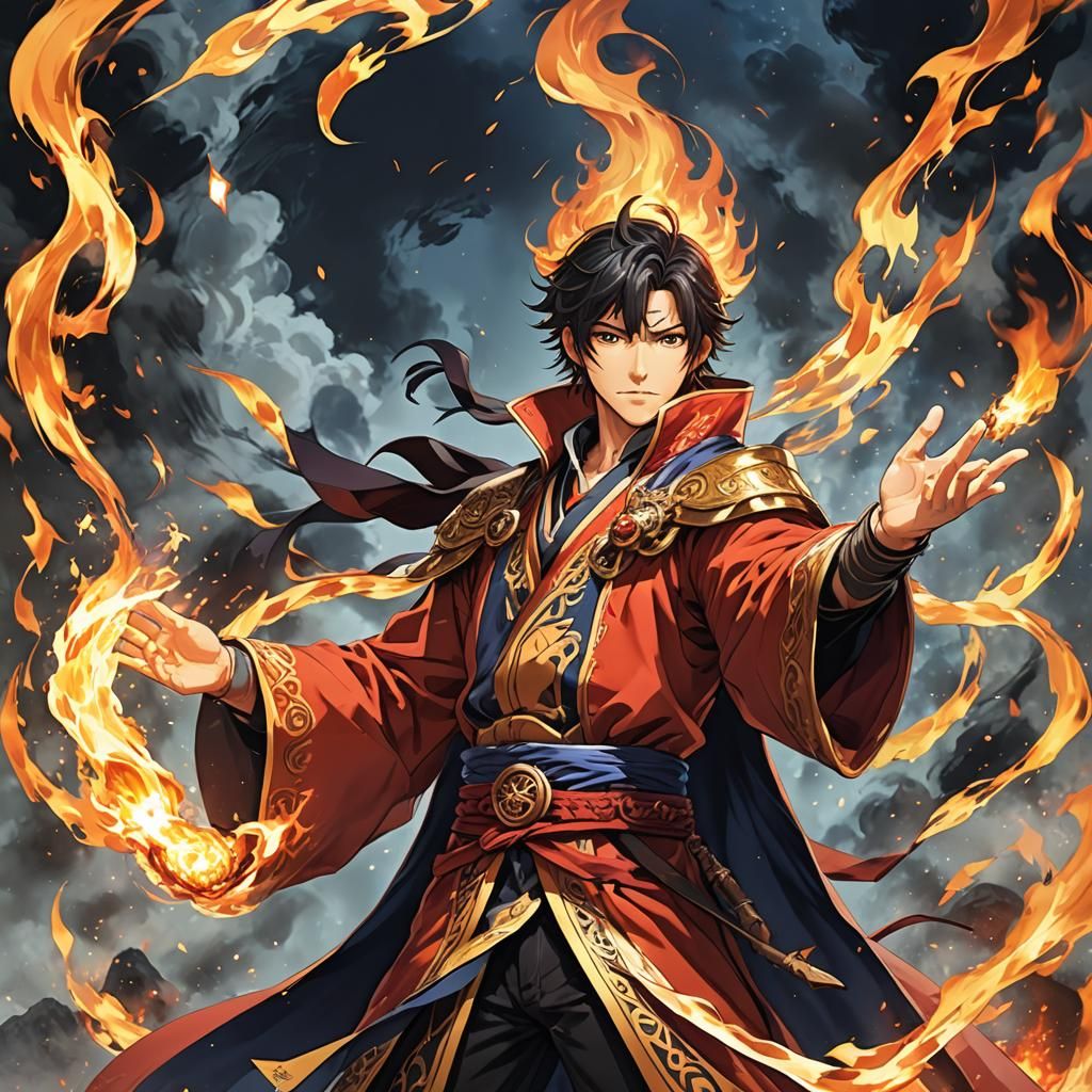 Exotic Fire Wizard Casting Spell in Anime Style
