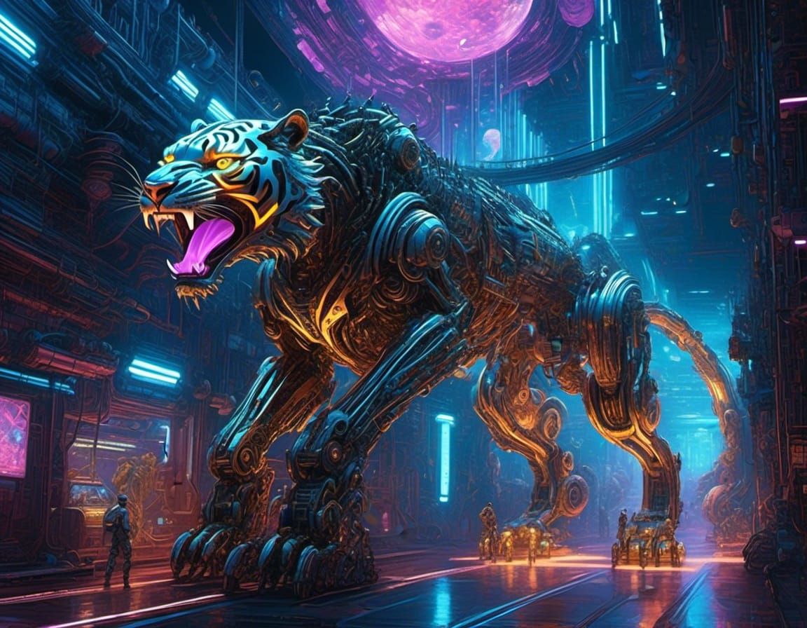 Cyberpunk Bioluminescent Tiger in Neon Forest