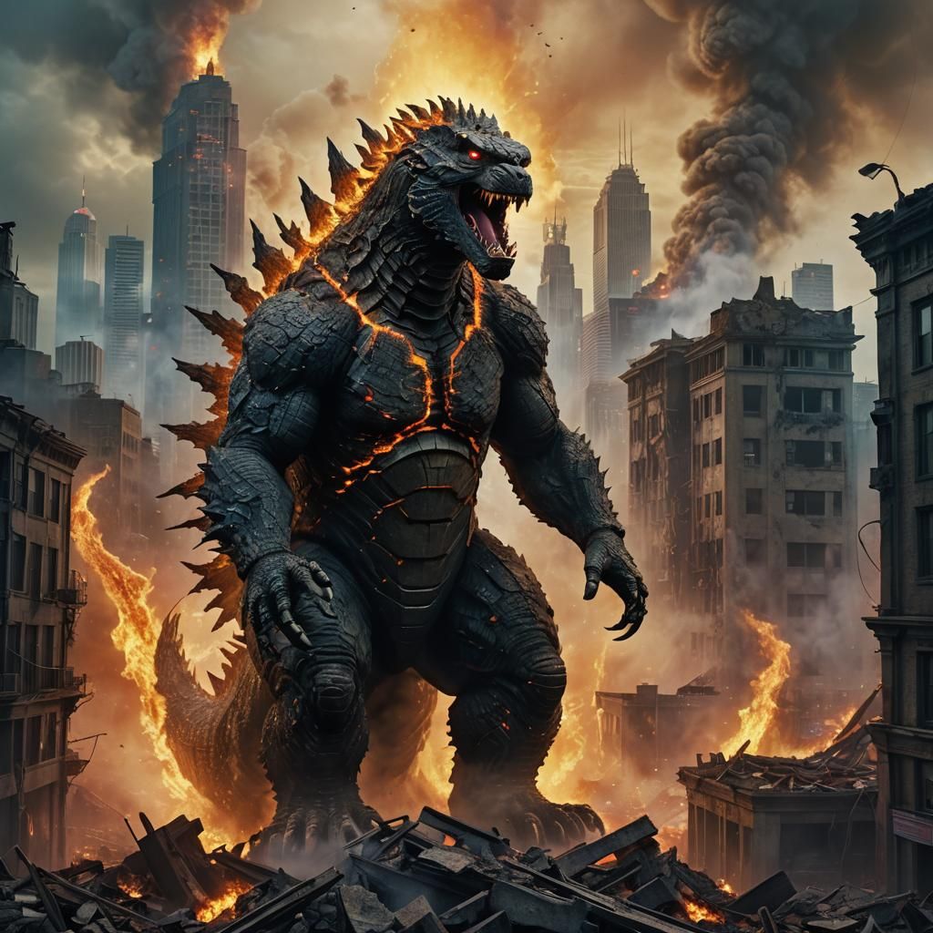 Godzilla Unleashes Atomic Flames in Ruined City