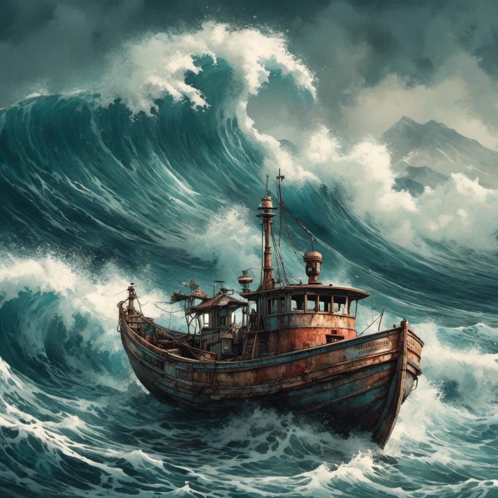 <lora:Hikari Realism:1.0> Small fishing boat caught in the o...