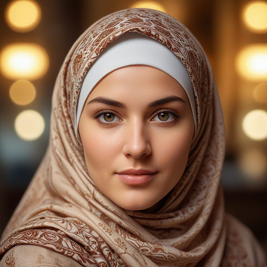 A German Lady in Elegant Hijab, Captured in Warm Golden Ligh...
