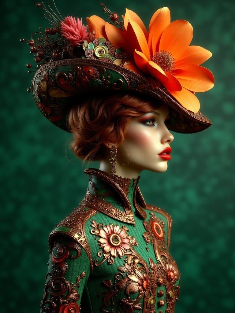 Art Nouveau Punk Portrait with Elaborate Hat and Orange Flow...