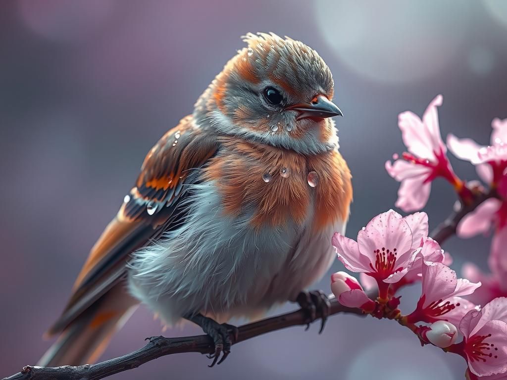 Dew-Kissed Bird on Cherry Blossoms: Elegant Fantasy Art