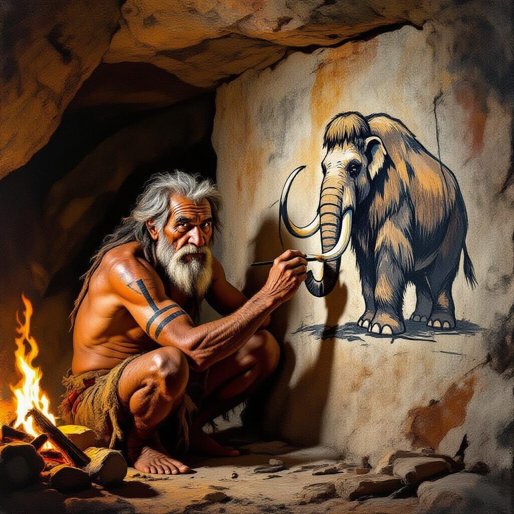 Prehistoric Man Sketches Mammoth on Cave Wall