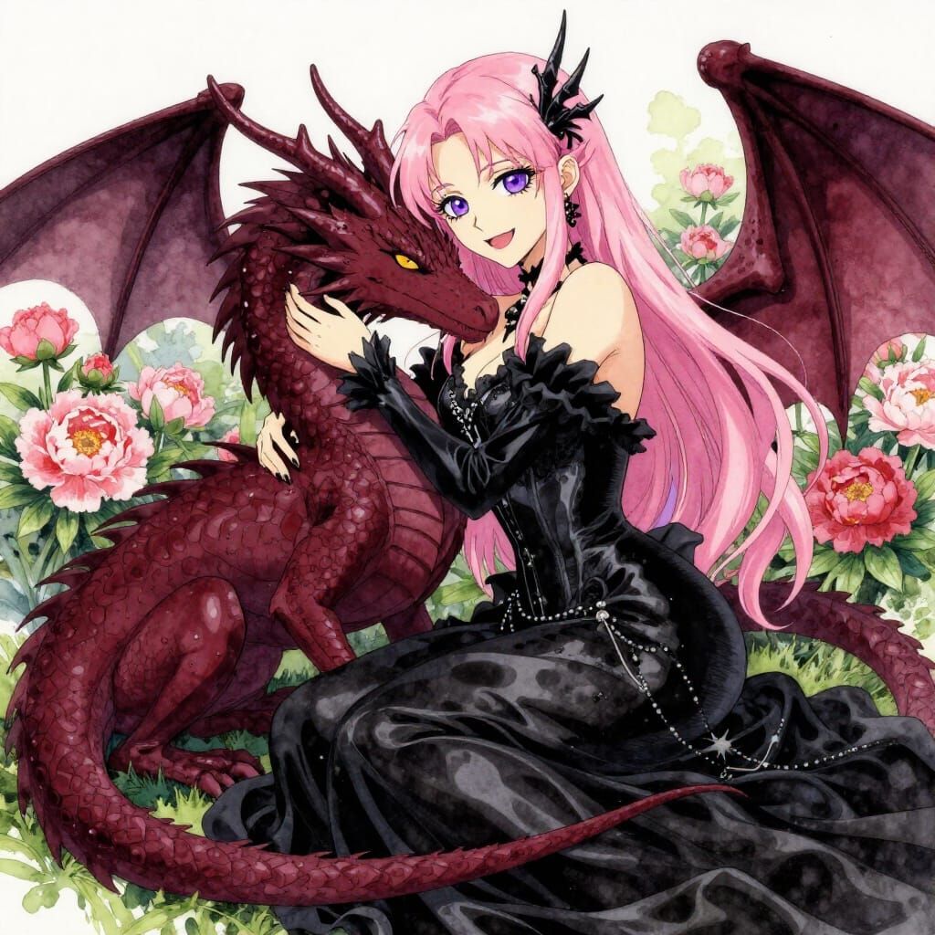 Pink Haired Woman Cuddles Dragon in Peony Garden