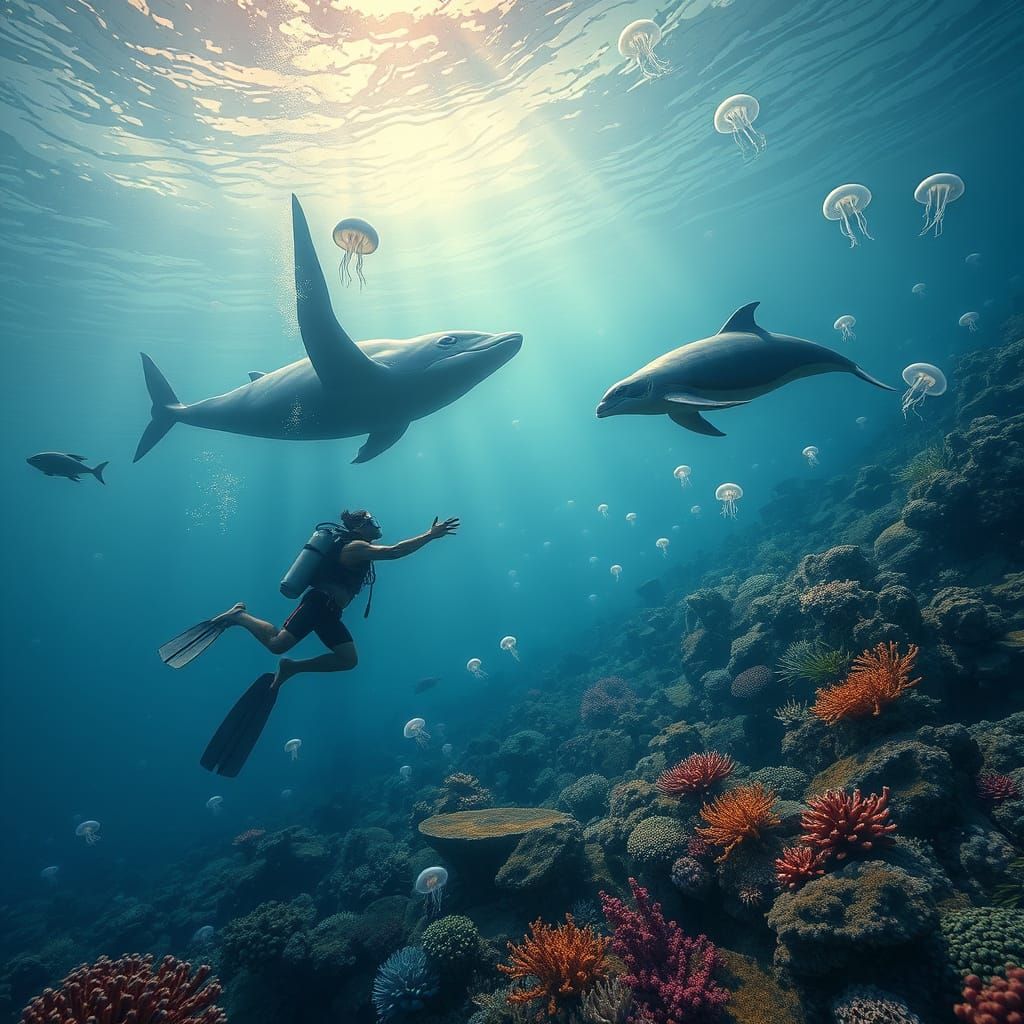 Ethereal Underwater World with Diver and Marine Life
