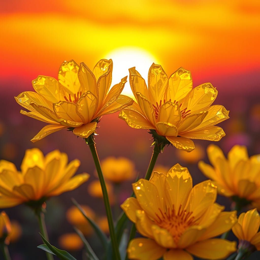 Crystal Buttercup Blooms Amidst Vibrant Sunset Hues