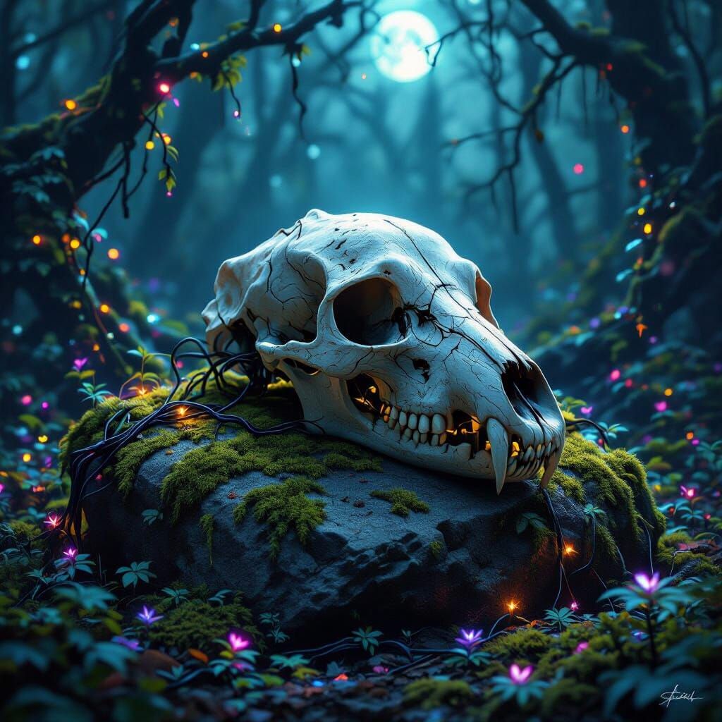 Ancient Wolf Skull in Bioluminescent Forest with Tech Vines