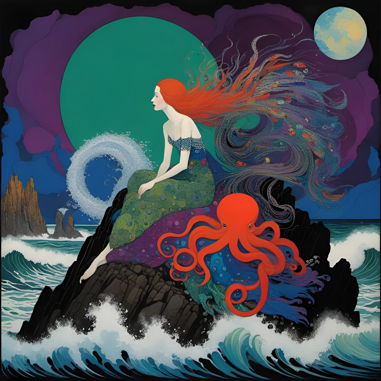 Mermaid Cuddling Octopus in Fantasy Oil Painting