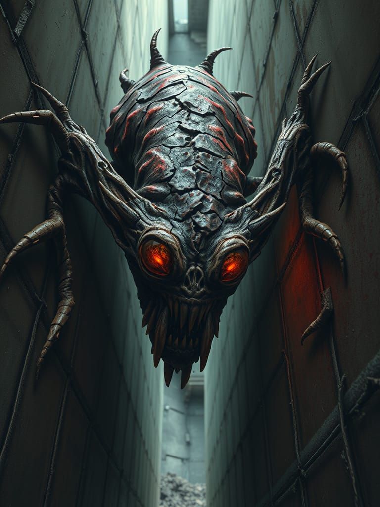 Cyberpunk Horror Creature Emerges from Ruins in Dark Surreal...