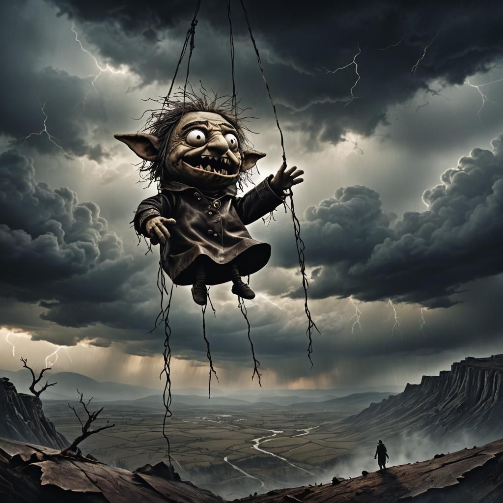 Grotesque Puppet Soars in Dark Fantasy Illustration