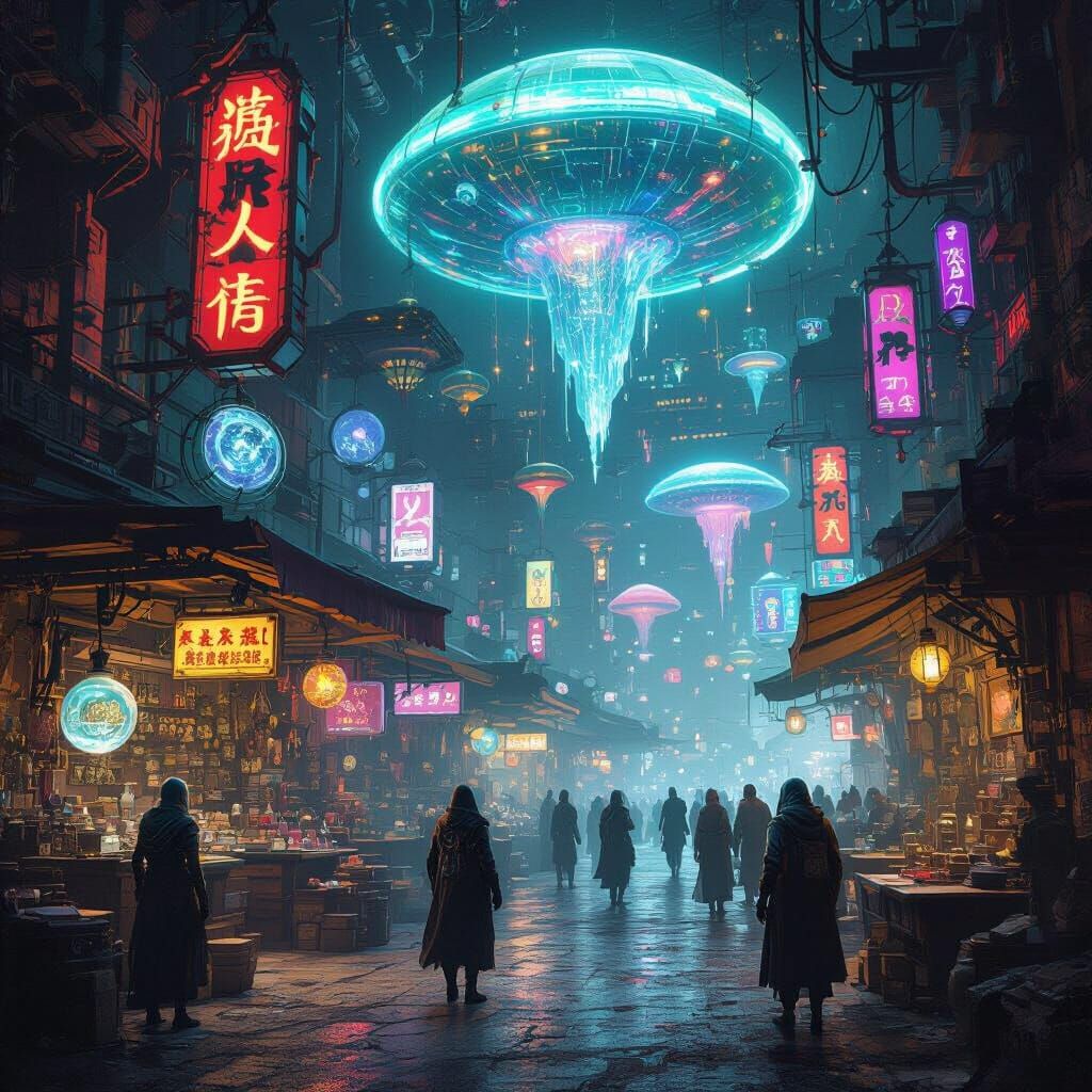 Alien Marketplace with Bioluminescent Fungi in Cyberpunk Sty...