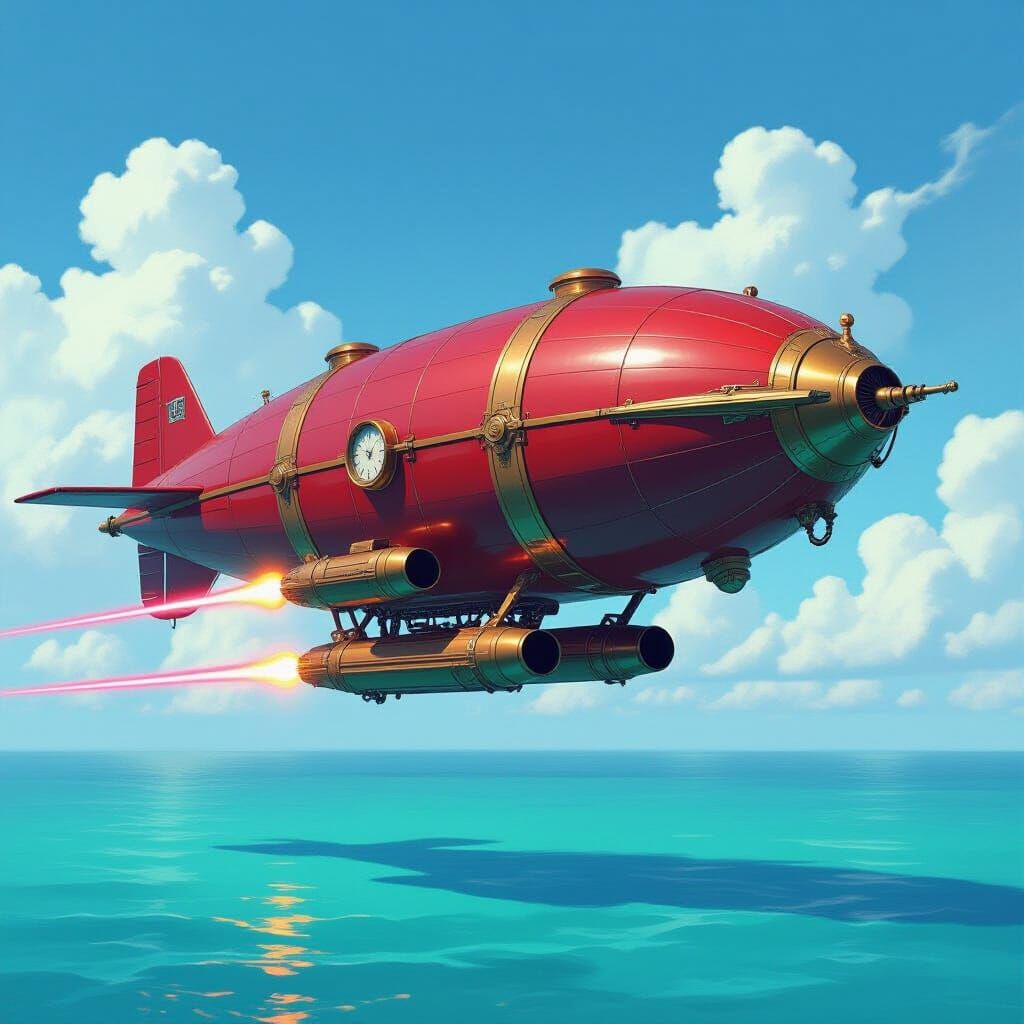 Steampunk Airship Soaring Over Turquoise Ocean