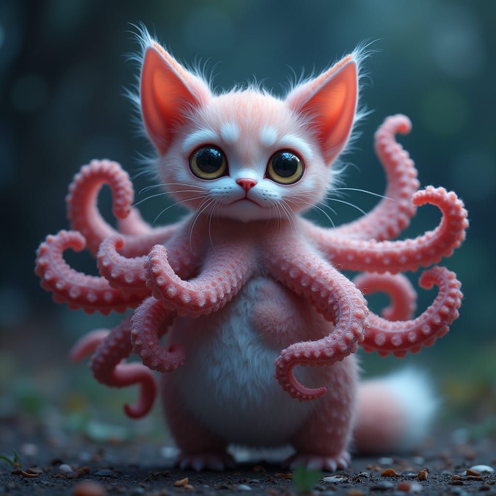 Whimsical Feline Cephalopod with Fox Tail