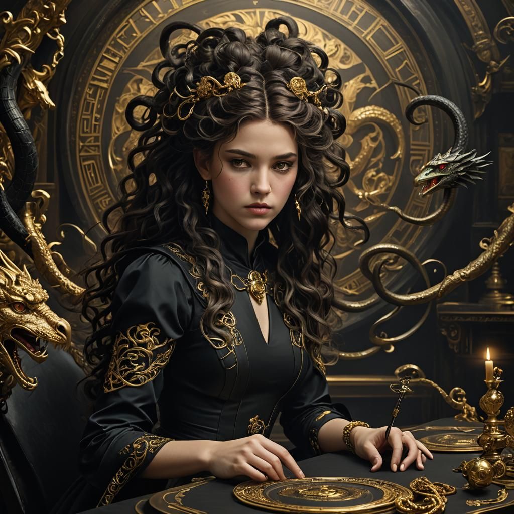 Medusa Card Reading in Dark Room, Photorealistic