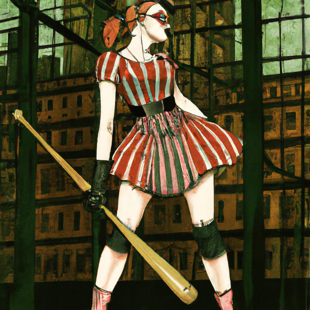 Cyberpunk Harley Quinn in Gingham Dress Swings Her Bat