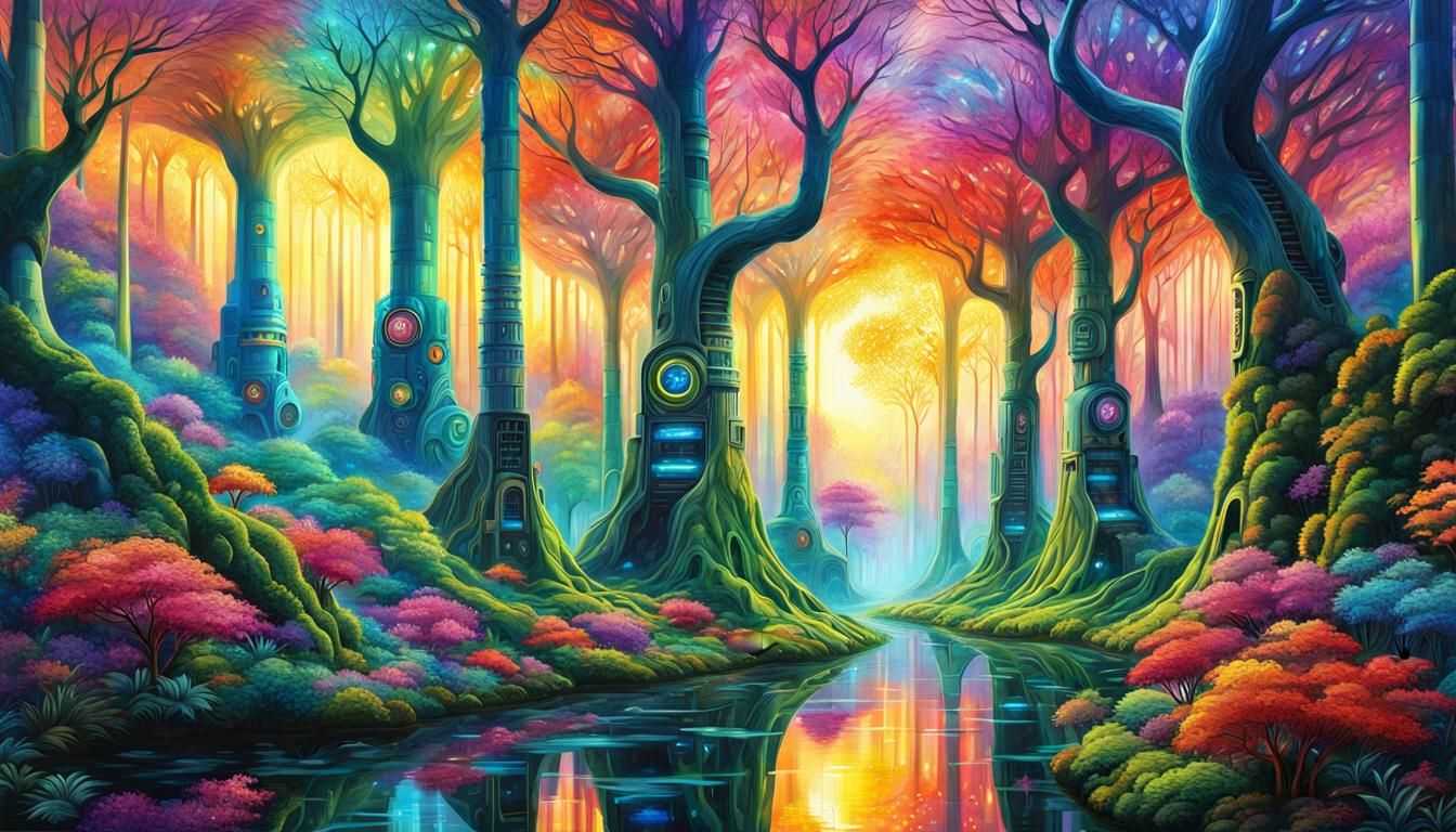 Futuristic Robotic Trees in Vibrant Digital Art