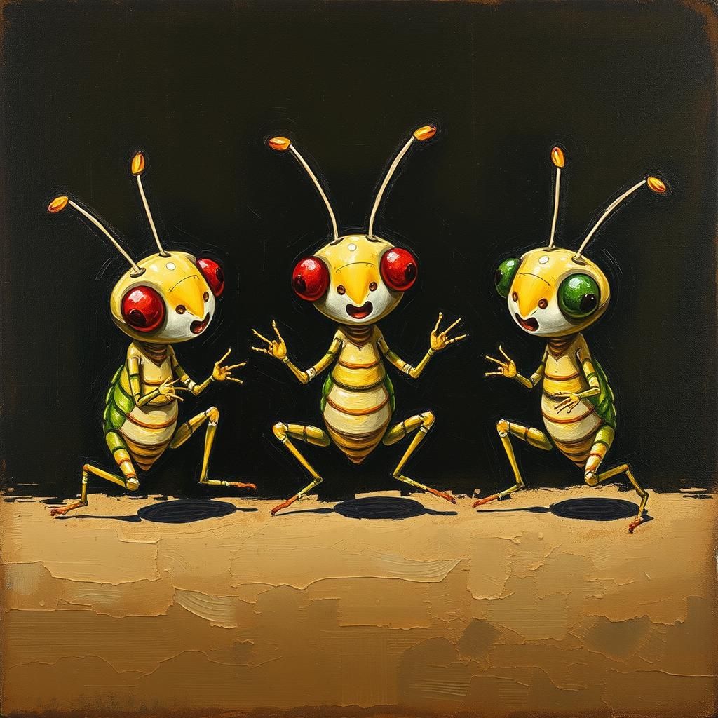 Chibi Crickets Hopping in Art Brut Oil Painting