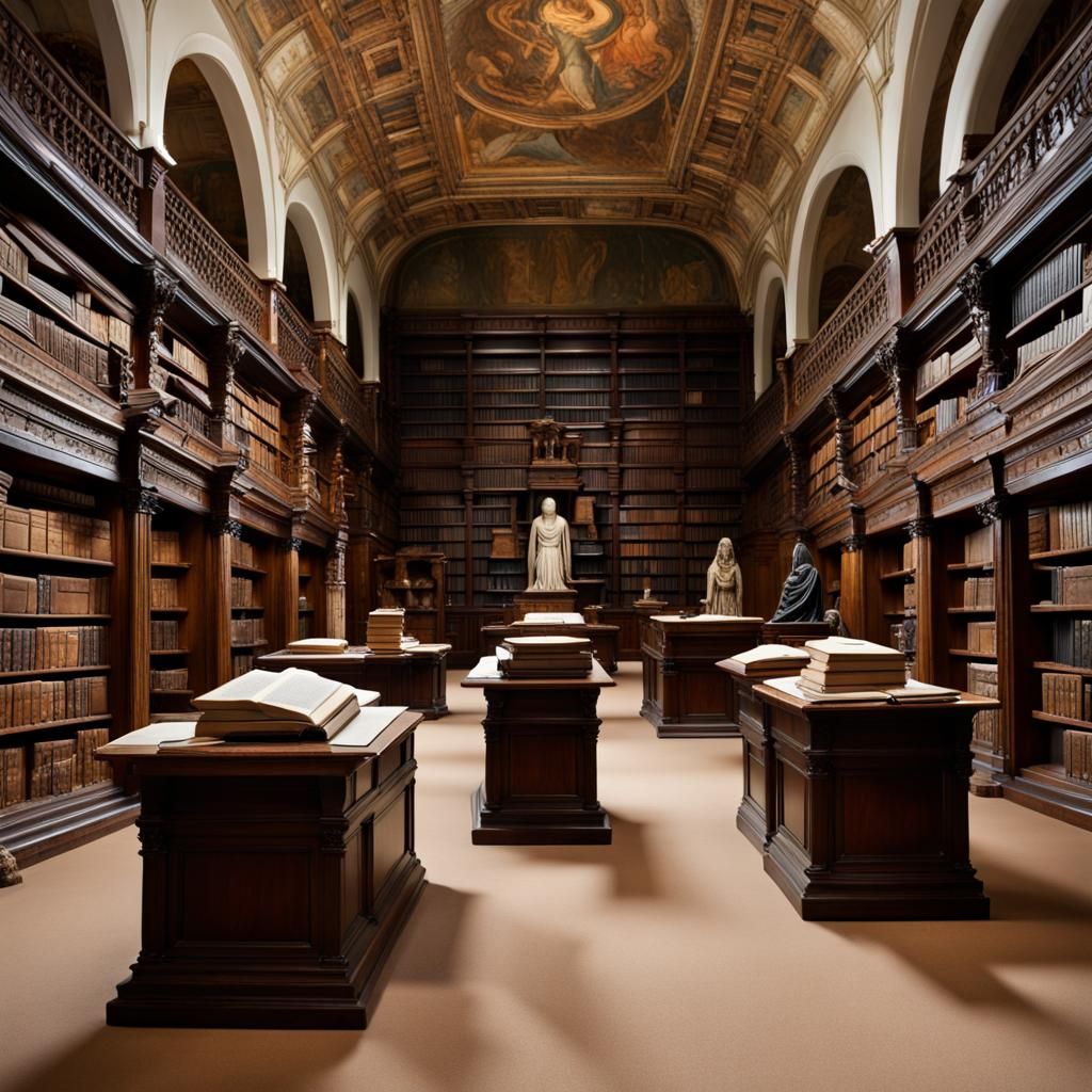 Grand Library with Marble Warrioress Sculpture