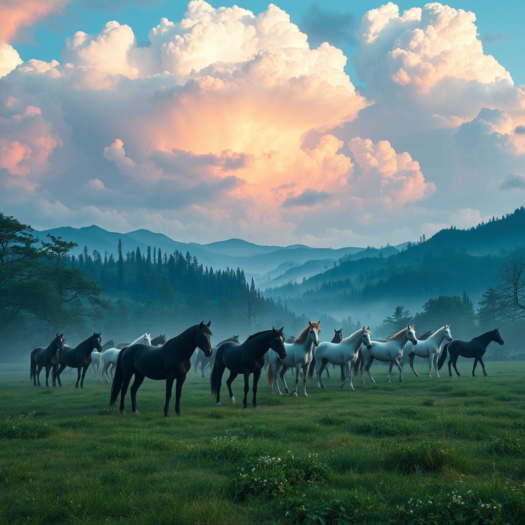 Ethereal Dreamscapes: Majestic Horses in Vibrant, Surreal La...