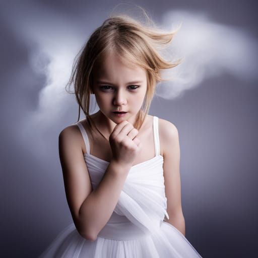 Crying Blonde Girl in White Dress with Smoke