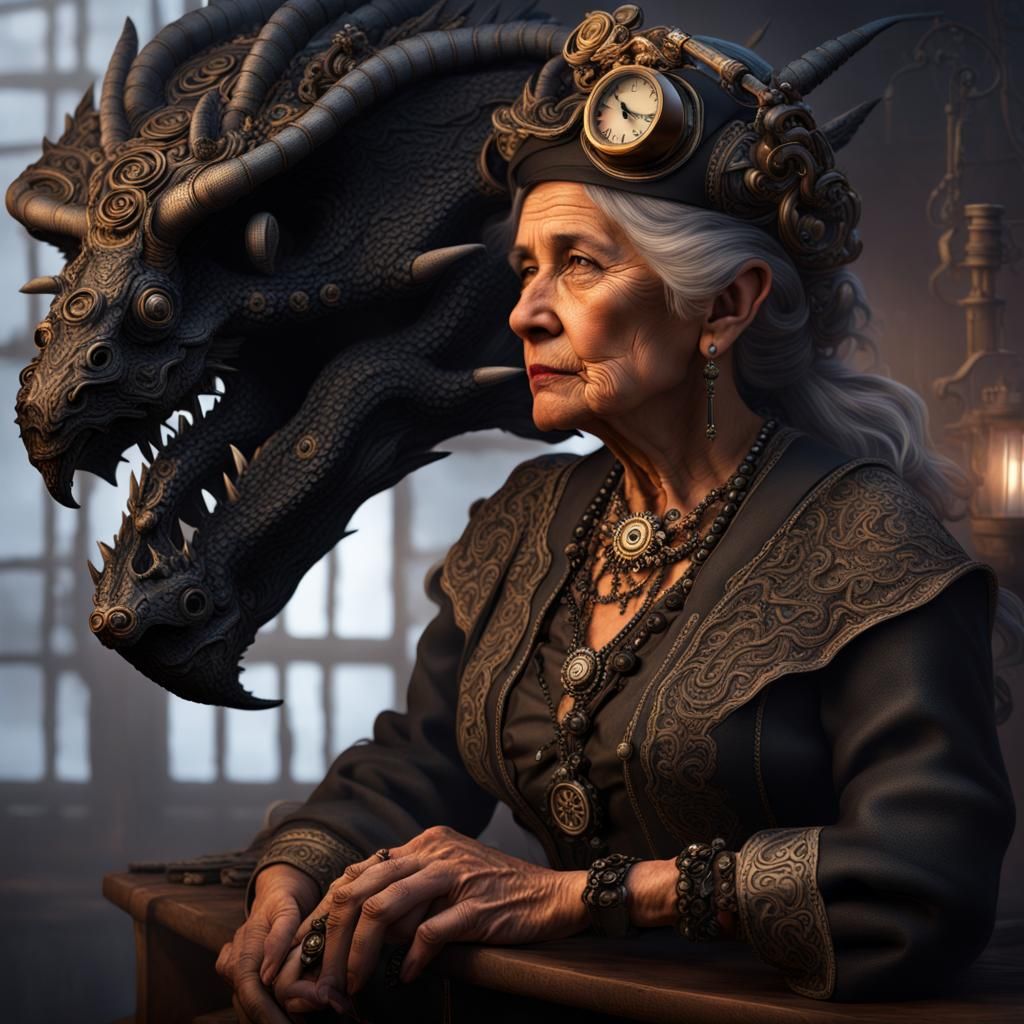 Immortal Time-Keeper with Steampunk Dragon in 8k