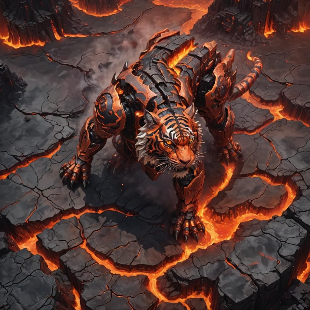 mecha orange tiger made of glowing red lava; fantasy kingdom...