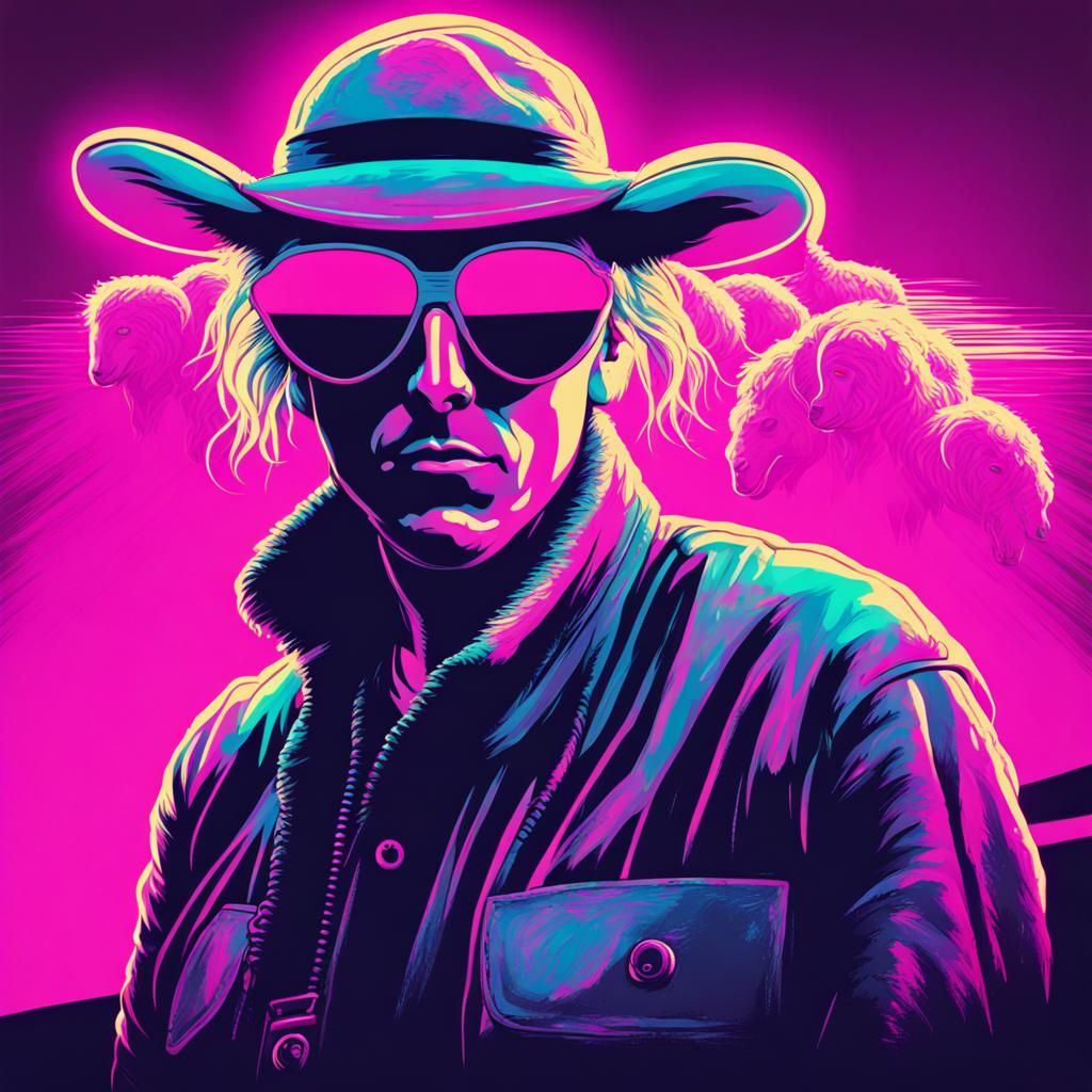 Musician Herding Sheep in Synthwave Neon Style